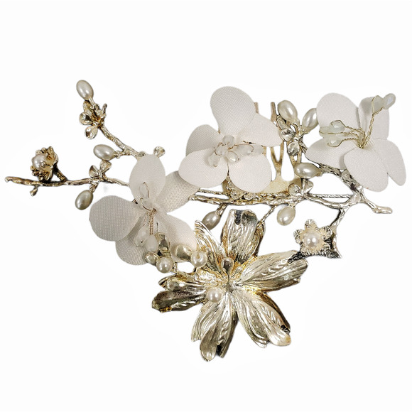 Hand Crafted Accessories - Handmade Silver & Pearl Bridal Hair Clip w/ Ivory White Silk Flowers and Petals